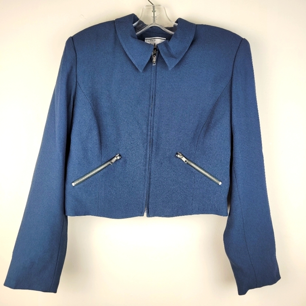 Kenar slate blue gray cropped lined blazer zip pockets collar office edgy lady 8 - Picture 2 of 10